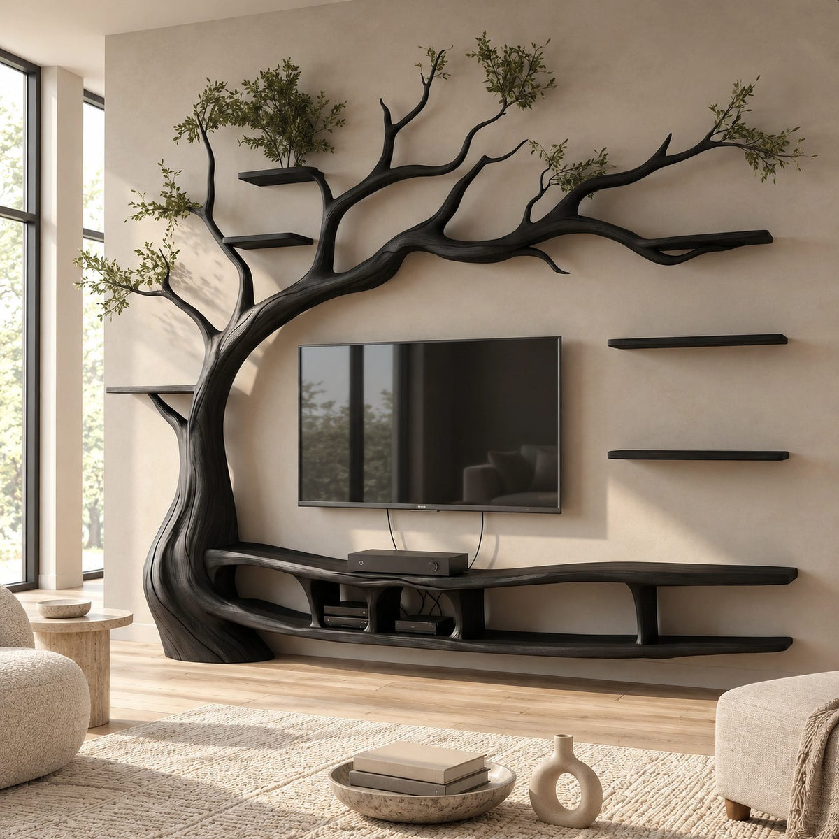 Organic Solid Wood Tree TV Console With Branch Shelves For Living Room