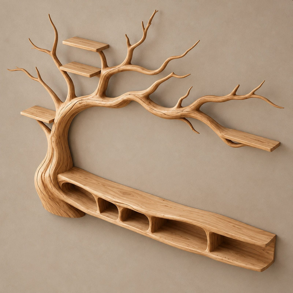 Organic Solid Wood Tree TV Console With Branch Shelves For Living Room