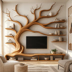 Sculptural Solid Wood Tree TV Stand With Wall Branch Shelves For Living Room