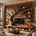 Sculptural Solid Wood Tree TV Stand With Wall Branch Shelves For Living Room