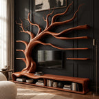 Sculptural Solid Wood Tree TV Stand With Wall Branch Shelves For Living Room