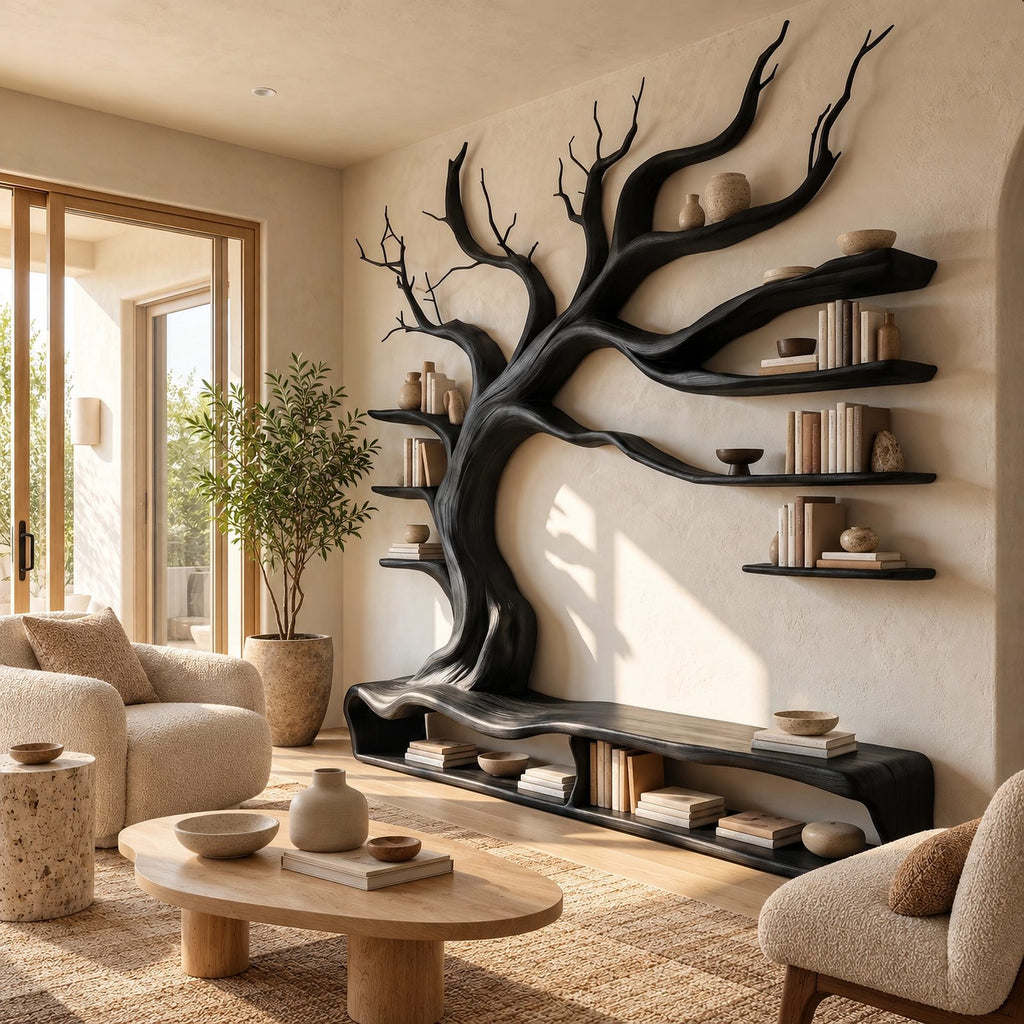 Sculptural Solid Wood Tree TV Stand With Wall Branch Shelves For Living Room