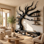 Sculptural Solid Wood Tree TV Stand With Wall Branch Shelves For Living Room