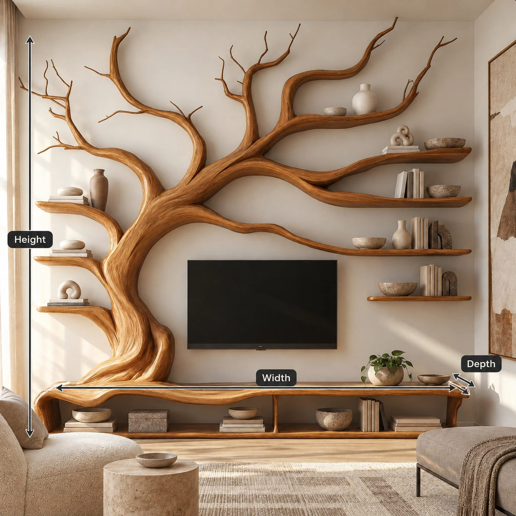 Sculptural Solid Wood Tree TV Stand With Wall Branch Shelves For Living Room