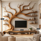 Sculptural Solid Wood Tree TV Stand With Wall Branch Shelves For Living Room