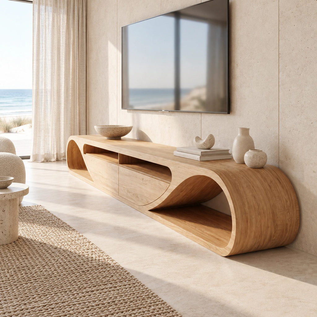 Contemporary Curved Solid Wood TV Cabinet With Open Storage For Living Room