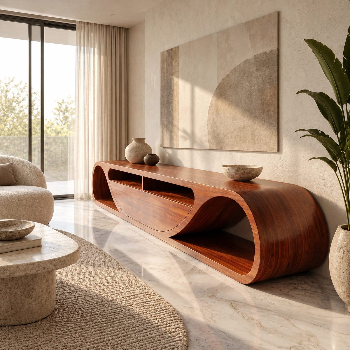 Contemporary Curved Solid Wood TV Cabinet With Open Storage For Living Room