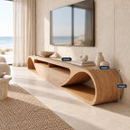 Contemporary Curved Solid Wood TV Cabinet With Open Storage For Living Room
