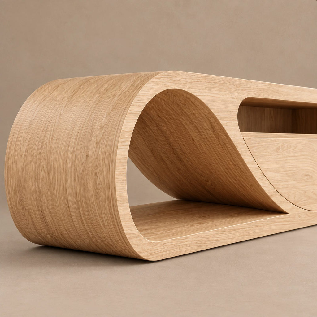 Contemporary Curved Solid Wood TV Cabinet With Open Storage For Living Room