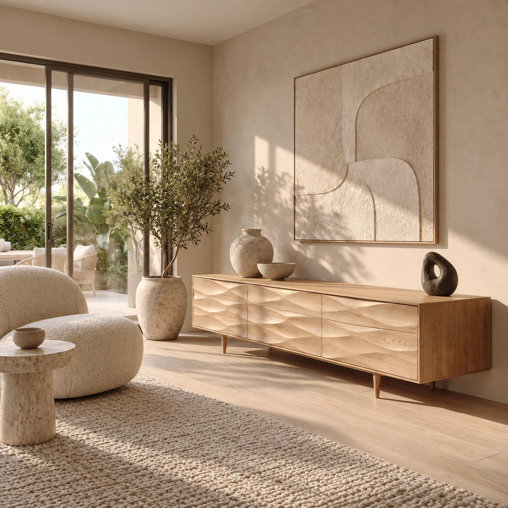Handcrafted Carved Solid Wood TV Cabinet With Wave Doors For Living Room