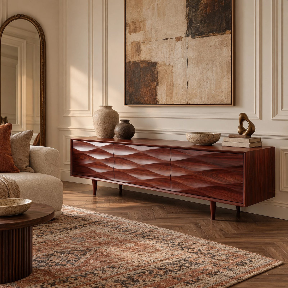 Handcrafted Carved Solid Wood TV Cabinet With Wave Doors For Living Room