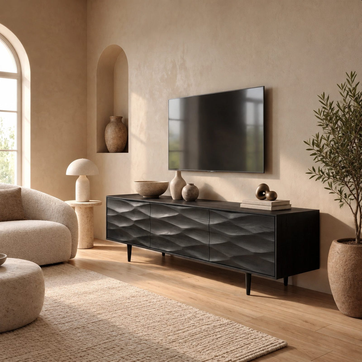 Handcrafted Carved Solid Wood TV Cabinet With Wave Doors For Living Room