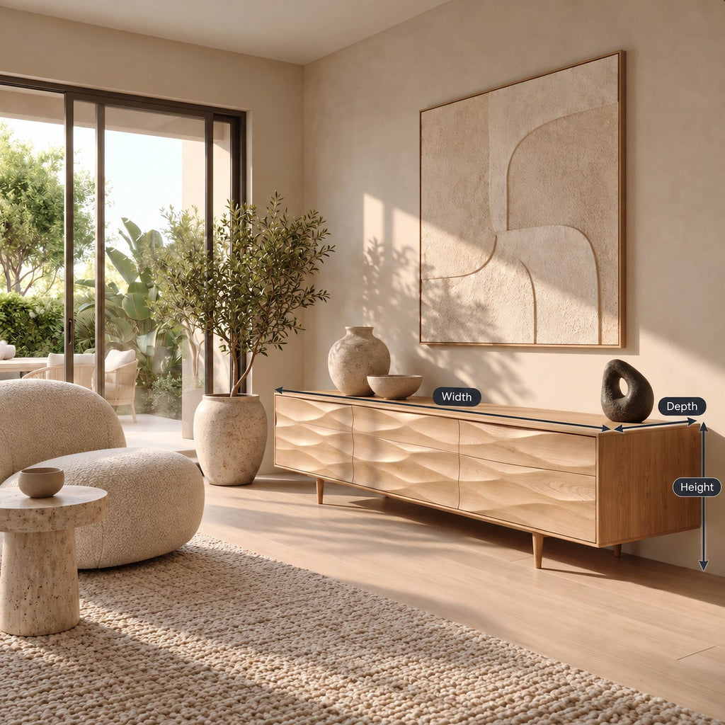 Handcrafted Carved Solid Wood TV Cabinet With Wave Doors For Living Room