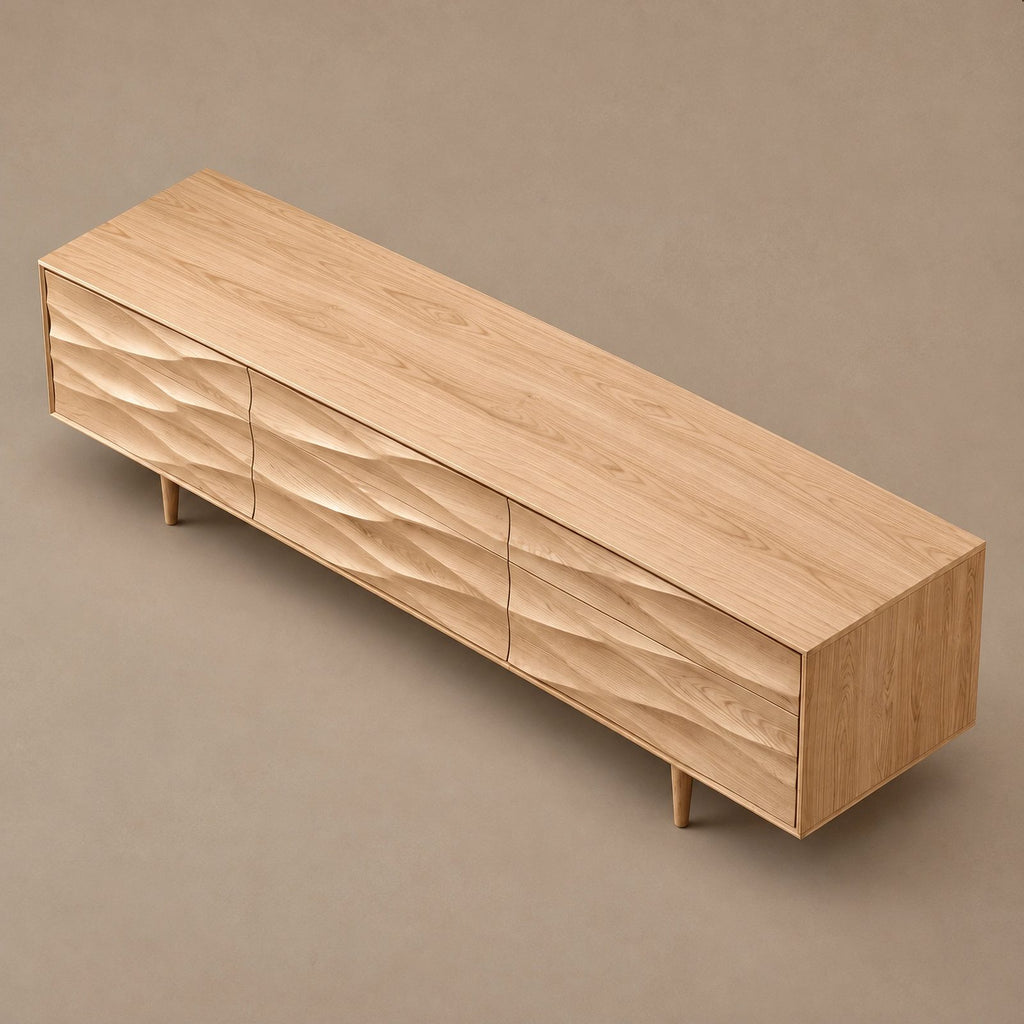 Handcrafted Carved Solid Wood TV Cabinet With Wave Doors For Living Room