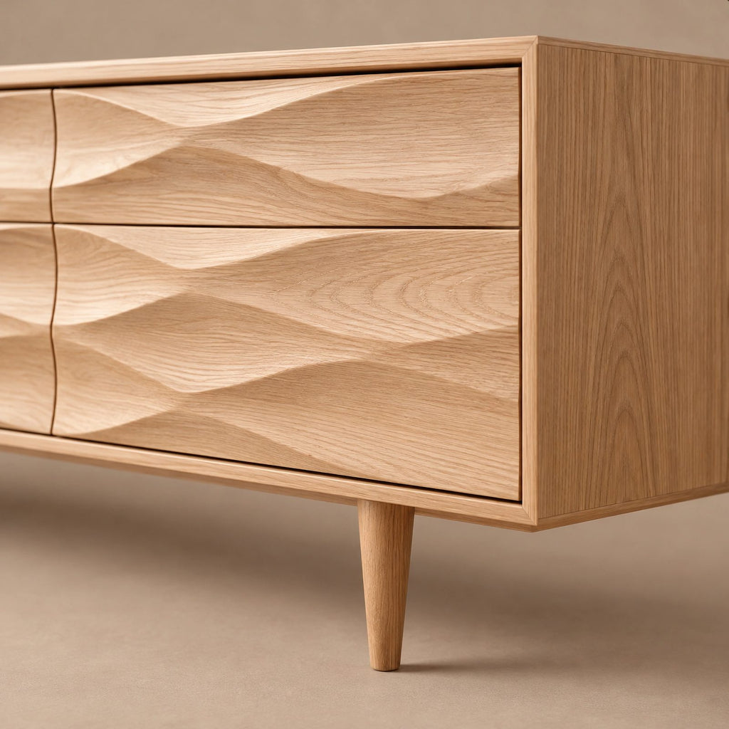 Handcrafted Carved Solid Wood TV Cabinet With Wave Doors For Living Room