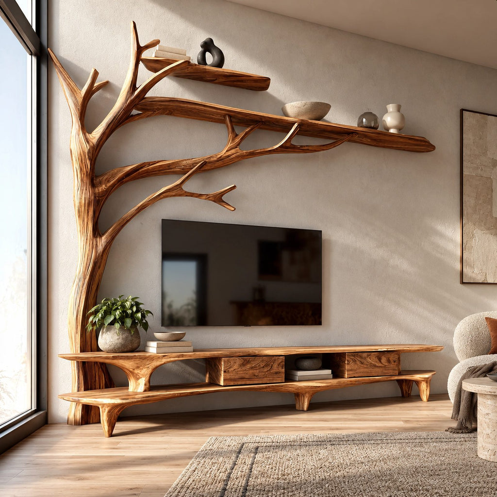 Farmhouse Solid Wood Tree TV Console With Open Shelf For Living Room