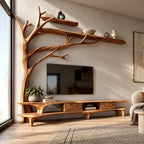 Farmhouse Solid Wood Tree TV Console With Open Shelf For Living Room