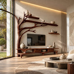 Farmhouse Solid Wood Tree TV Console With Open Shelf For Living Room