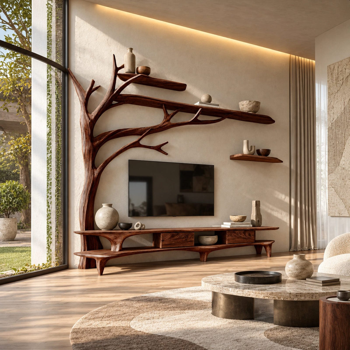 Farmhouse Solid Wood Tree TV Console With Open Shelf For Living Room