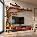 Farmhouse Solid Wood Tree TV Console With Open Shelf For Living Room