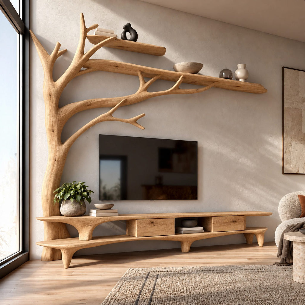 Farmhouse Solid Wood Tree TV Console With Open Shelf For Living Room
