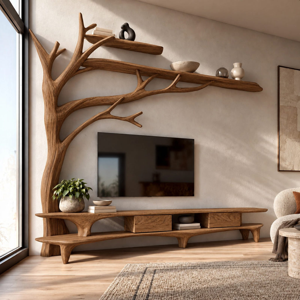 Farmhouse Solid Wood Tree TV Console With Open Shelf For Living Room