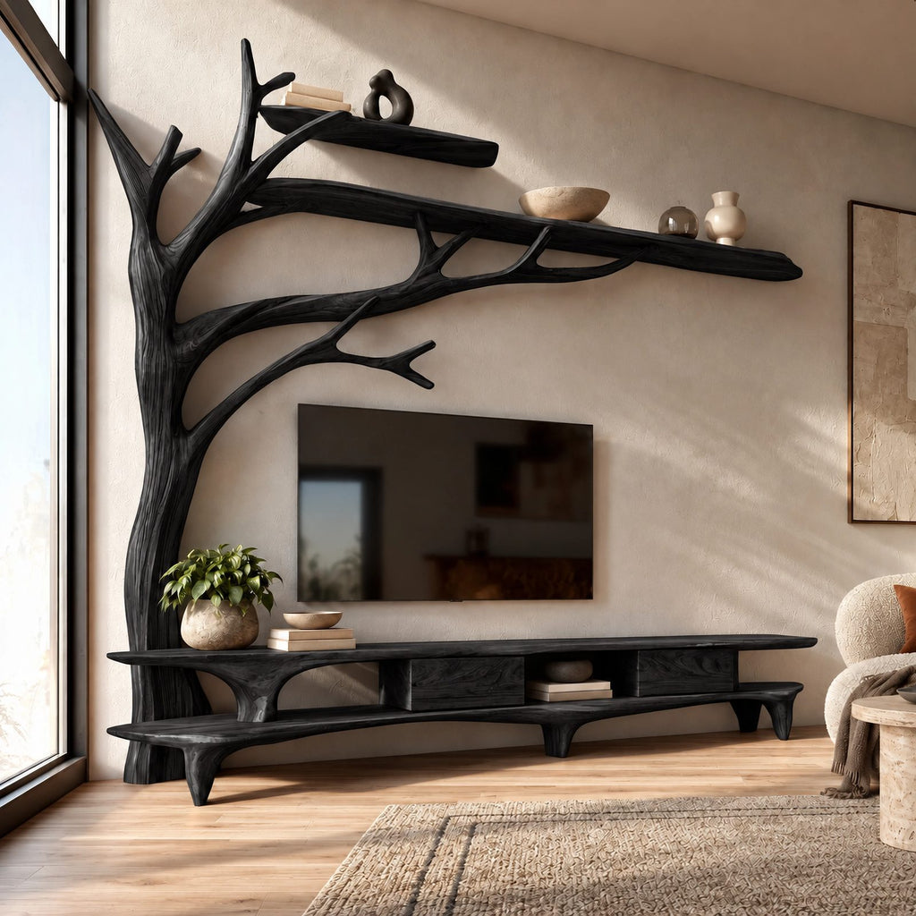 Farmhouse Solid Wood Tree TV Console With Open Shelf For Living Room