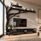 Farmhouse Solid Wood Tree TV Console With Open Shelf For Living Room
