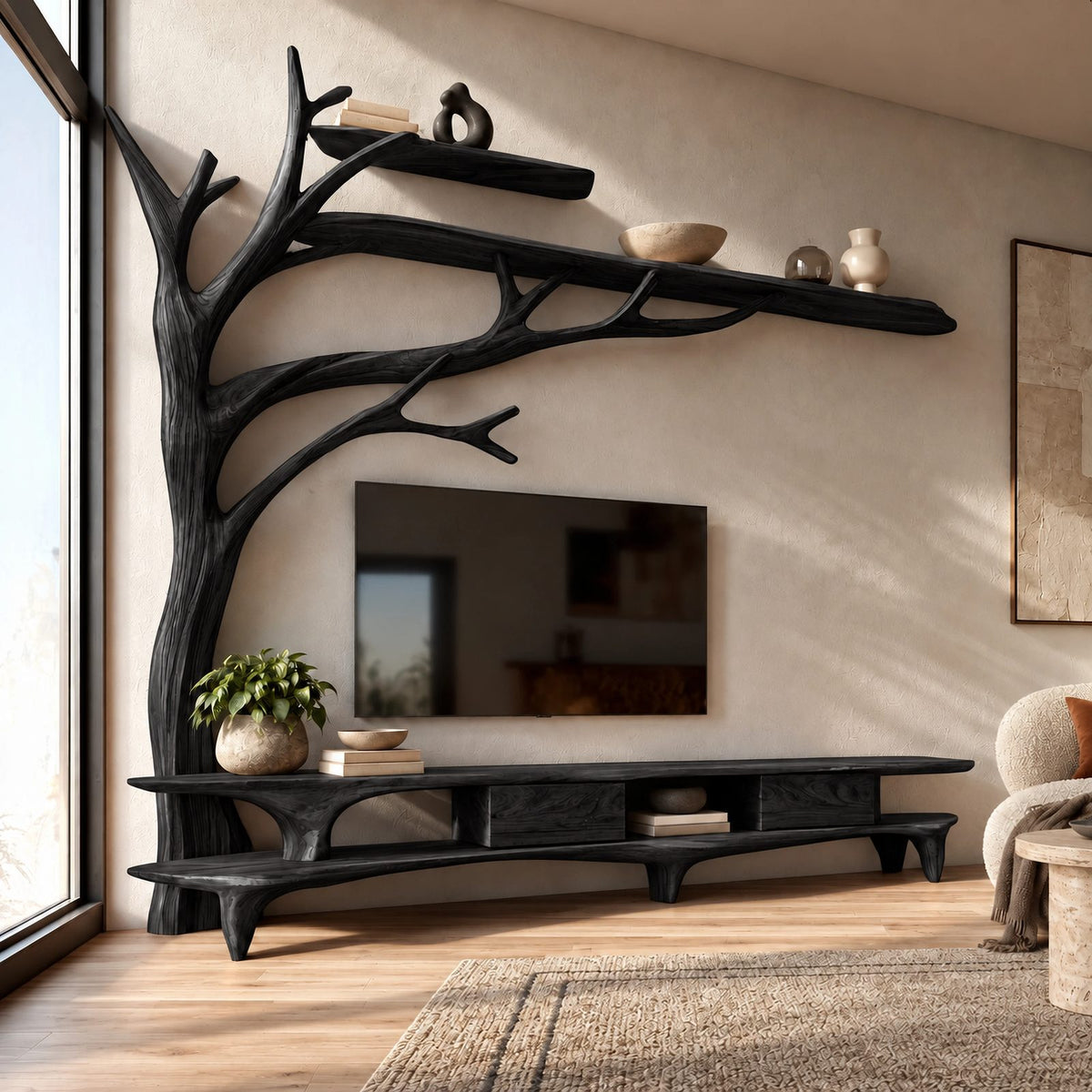 Farmhouse Solid Wood Tree TV Console With Open Shelf For Living Room