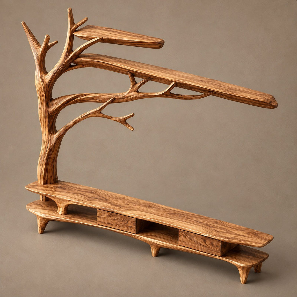 Farmhouse Solid Wood Tree TV Console With Open Shelf For Living Room