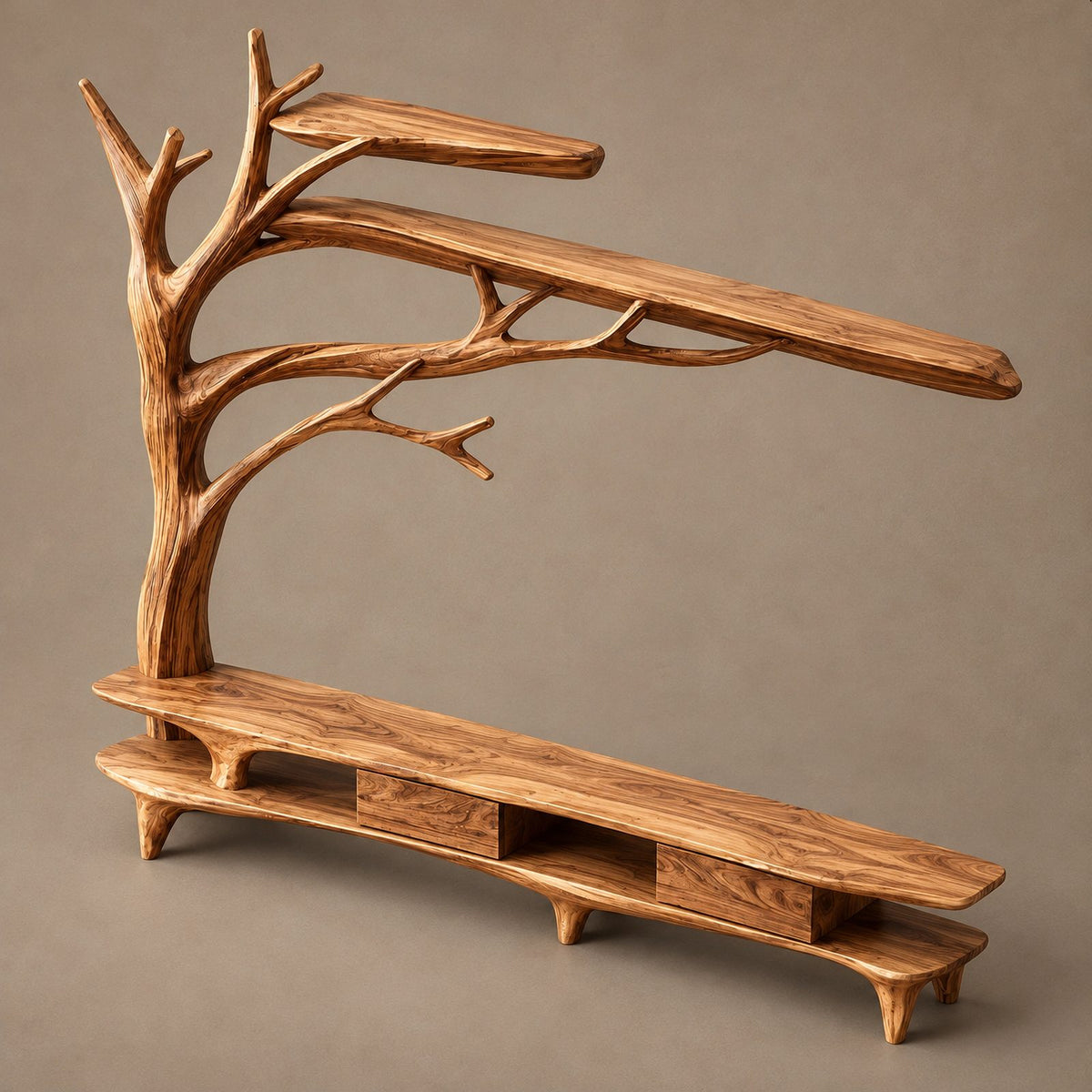 Farmhouse Solid Wood Tree TV Console With Open Shelf For Living Room