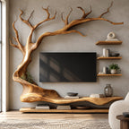 Modern Sculptural Wood Tree TV Console With Wall Shelves For Living Room