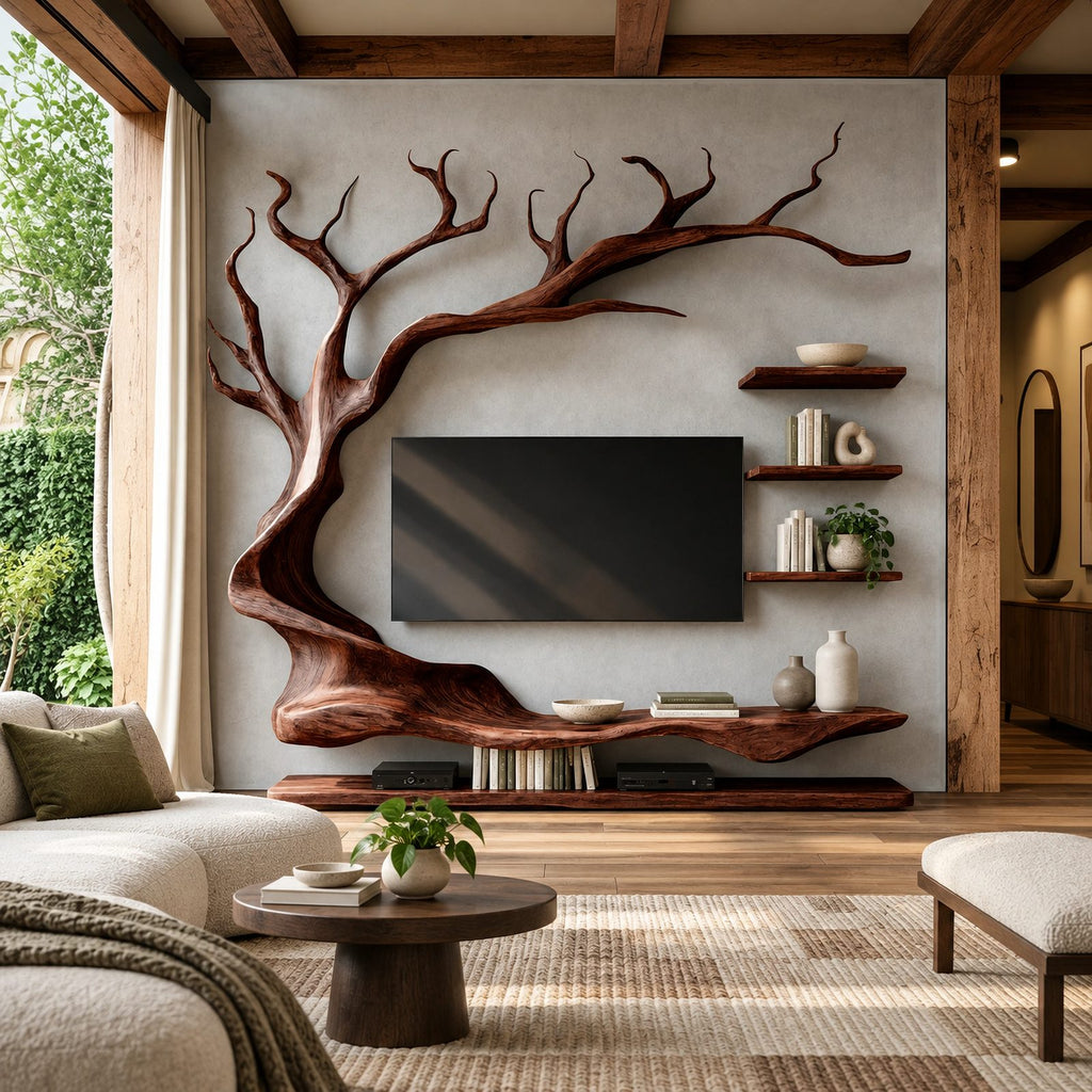 Modern Sculptural Wood Tree TV Console With Wall Shelves For Living Room