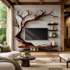 Modern Sculptural Wood Tree TV Console With Wall Shelves For Living Room