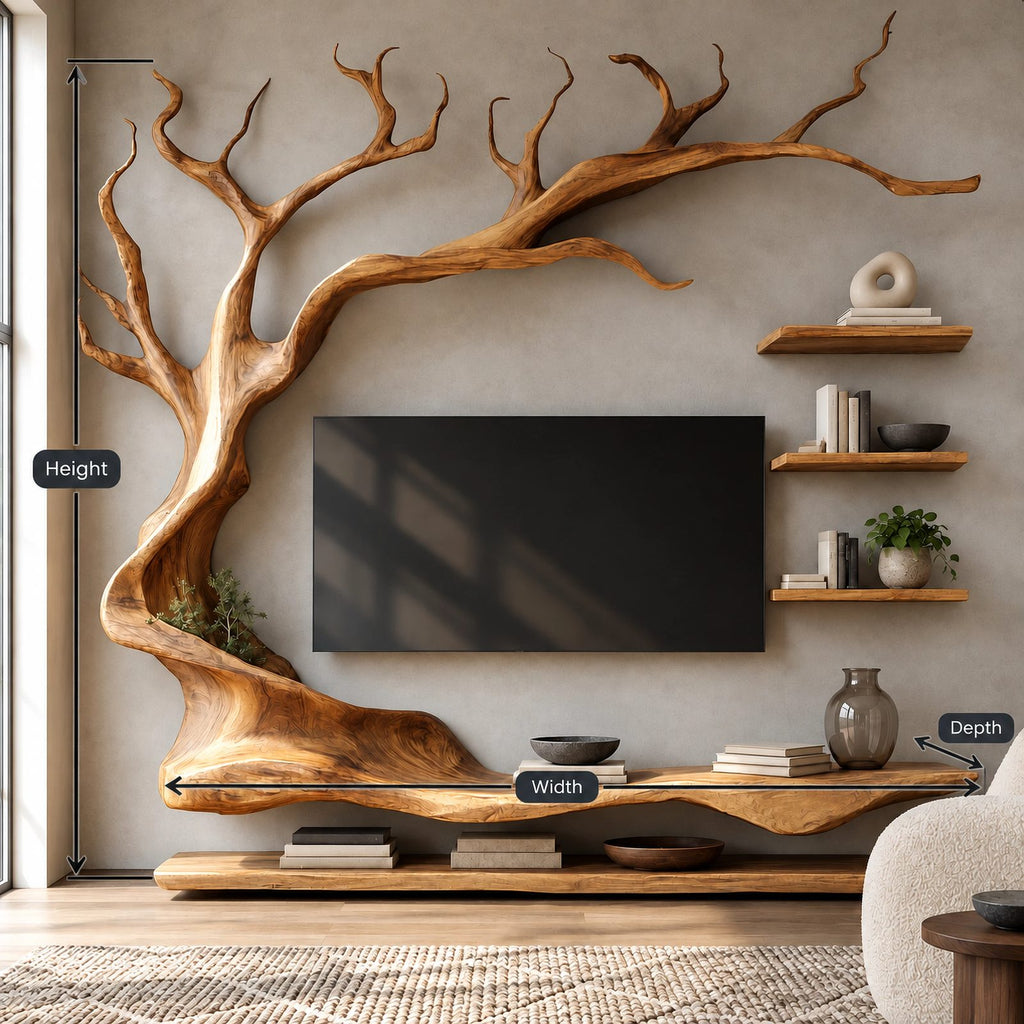 Modern Sculptural Wood Tree TV Console With Wall Shelves For Living Room