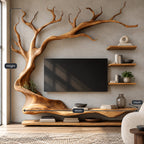 Modern Sculptural Wood Tree TV Console With Wall Shelves For Living Room