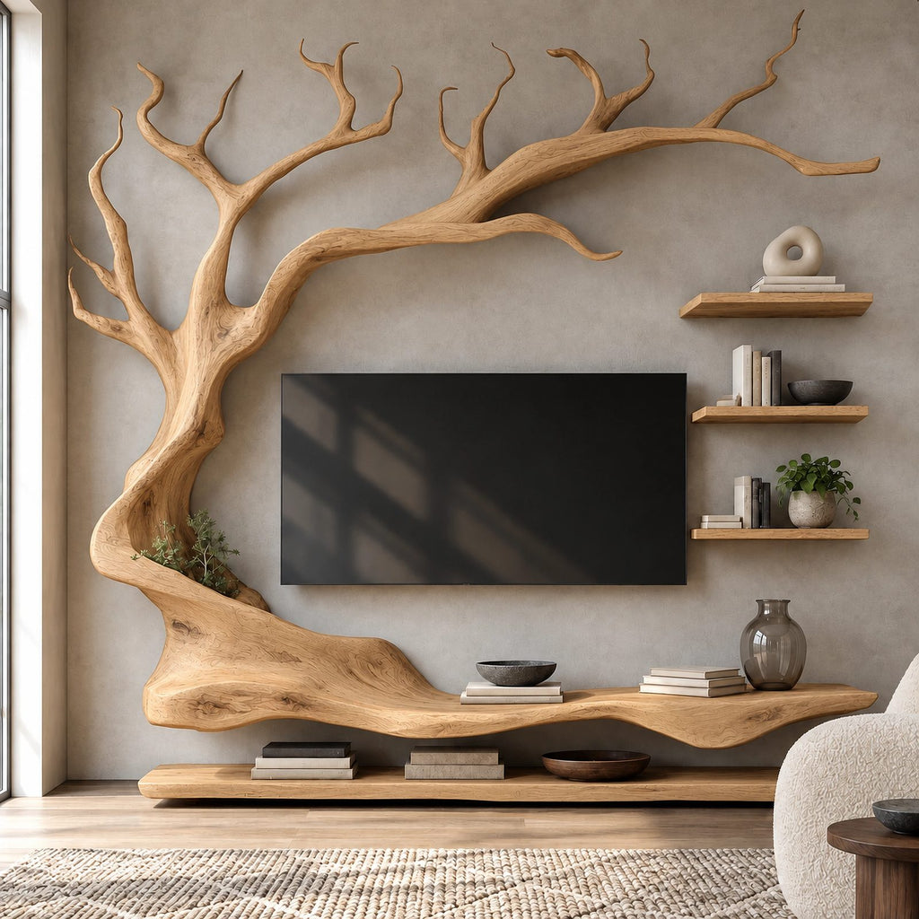 Modern Sculptural Wood Tree TV Console With Wall Shelves For Living Room