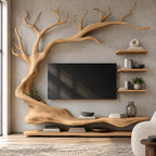 Modern Sculptural Wood Tree TV Console With Wall Shelves For Living Room