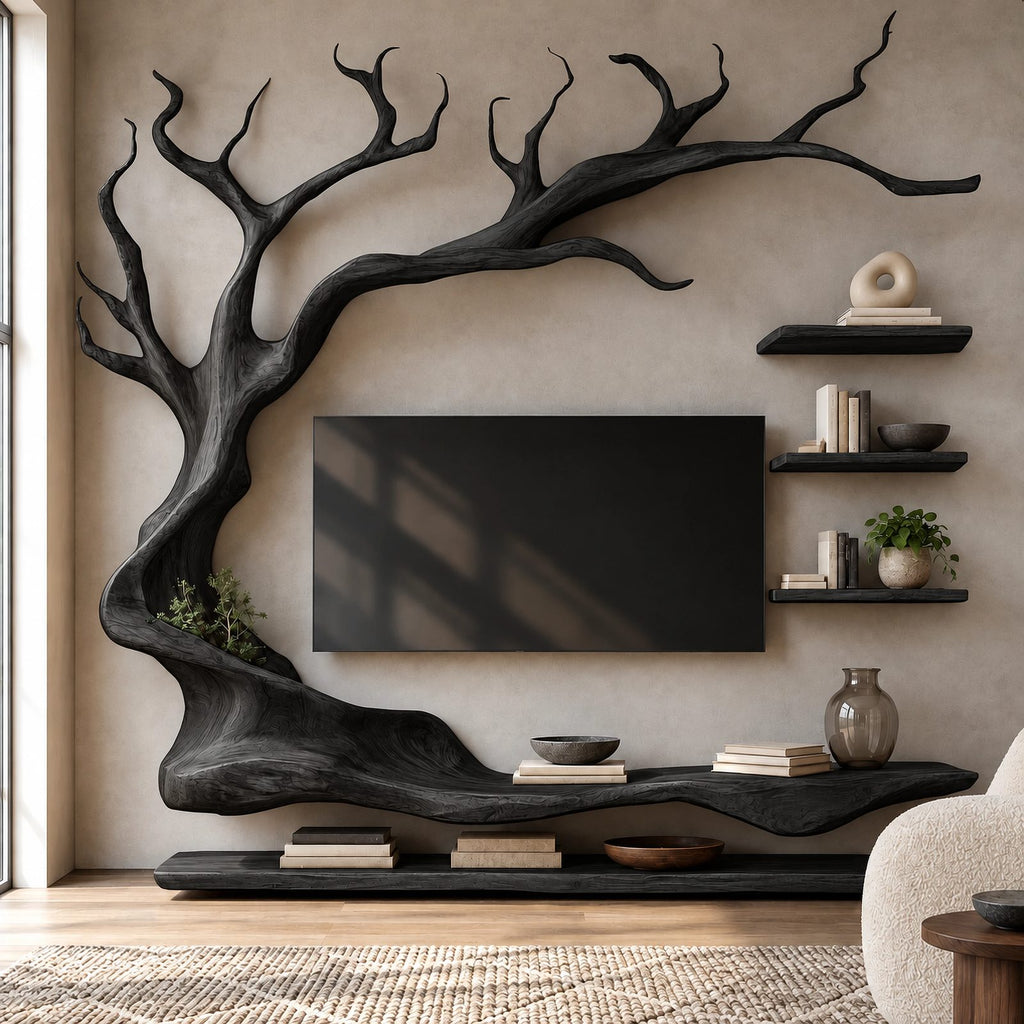 Modern Sculptural Wood Tree TV Console With Wall Shelves For Living Room