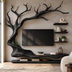 Modern Sculptural Wood Tree TV Console With Wall Shelves For Living Room