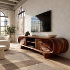 Sculptural Carved Solid Wood TV Cabinet With Wave Grain Front For Living Room