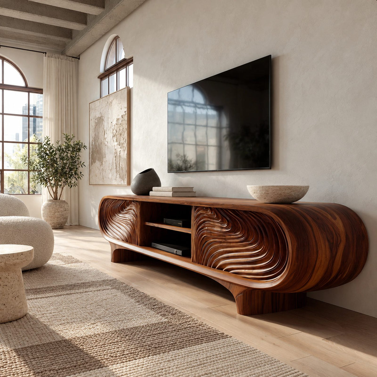 Sculptural Carved Solid Wood TV Cabinet With Wave Grain Front For Living Room