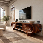 Sculptural Carved Solid Wood TV Cabinet With Wave Grain Front For Living Room