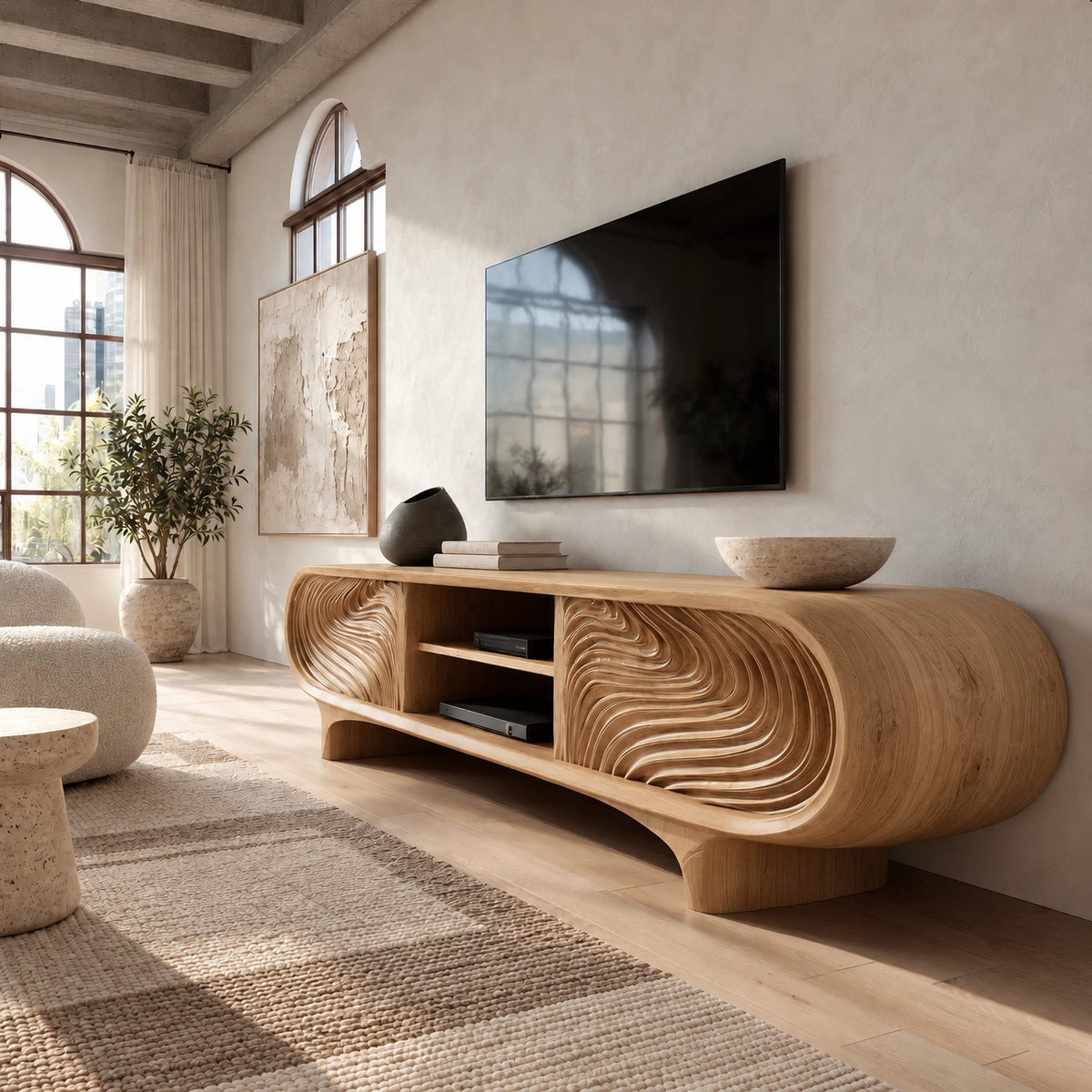 Sculptural Carved Solid Wood TV Cabinet With Wave Grain Front For Living Room