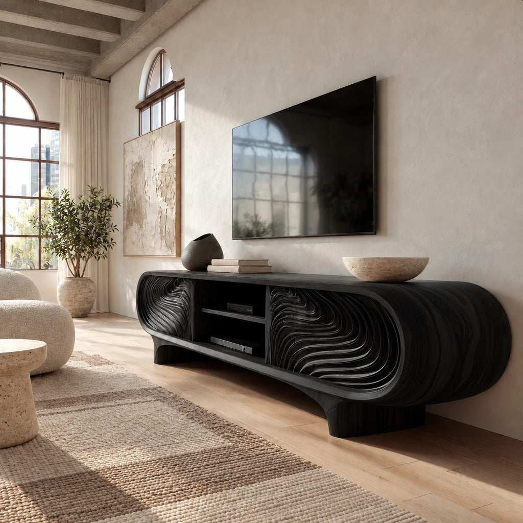 Sculptural Carved Solid Wood TV Cabinet With Wave Grain Front For Living Room