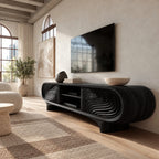 Sculptural Carved Solid Wood TV Cabinet With Wave Grain Front For Living Room