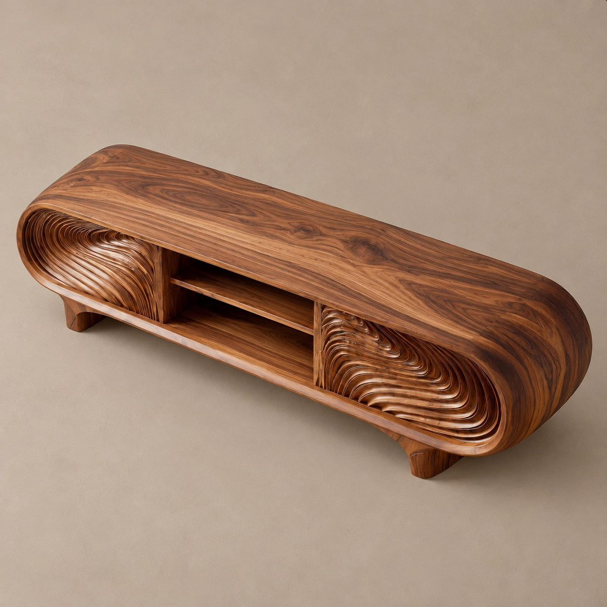 Sculptural Carved Solid Wood TV Cabinet With Wave Grain Front For Living Room