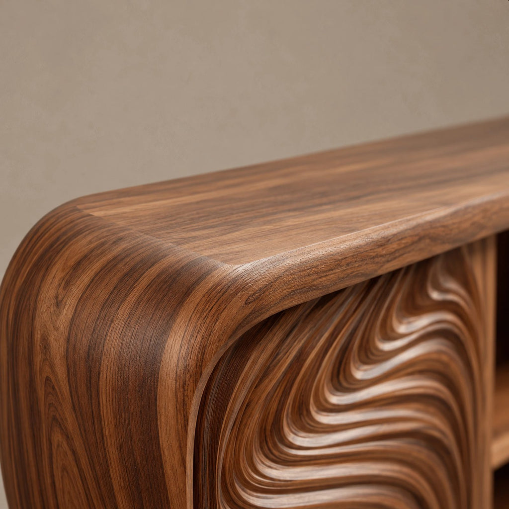 Sculptural Carved Solid Wood TV Cabinet With Wave Grain Front For Living Room