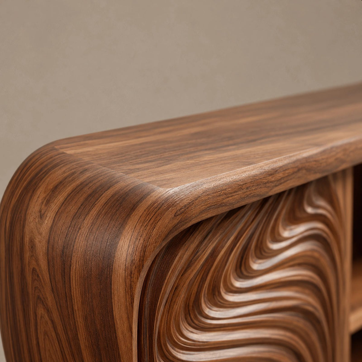 Sculptural Carved Solid Wood TV Cabinet With Wave Grain Front For Living Room