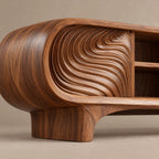 Sculptural Carved Solid Wood TV Cabinet With Wave Grain Front For Living Room